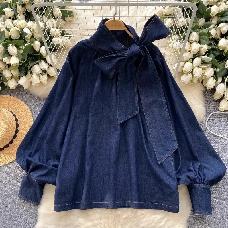 

Bandage Bowknot Loose High Grade Blusas Mujer Light Mature Style Chic Lantern Sleeve Cowboy Shirt Vintage Women Clothing Blouses