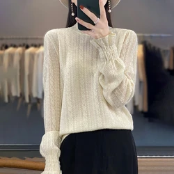 Spring Summer Women 100% Soft Wool Organdy Sweater Half-high Collar Ruffled Lace Hollow Out Pullover Casual Knit Bottoming Tops