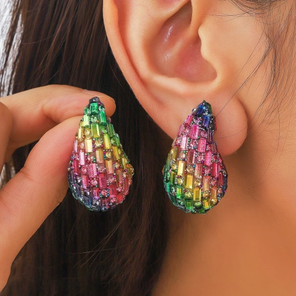 2026 New Trendy Crystal Chunky Waterdrop Hoop Earrings Dupes for Women Chunky Colorful Dome Teardrop Stud Earrings Jewelry Gifts