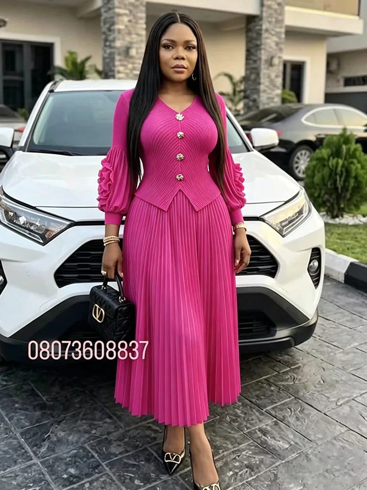 

ANLAN New Miyaki Pleated Slimming Set Fashion V-Neck High Elasticity Top and A-line Skirt Two-piece Sets Women's Clothing 5AN193