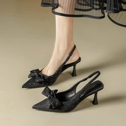 Heel Shoes Rear Trip Black Pointed Shoes Sandals Women's Summer Thin Heel Adult Ceremony Bow Pumps Women Shoes