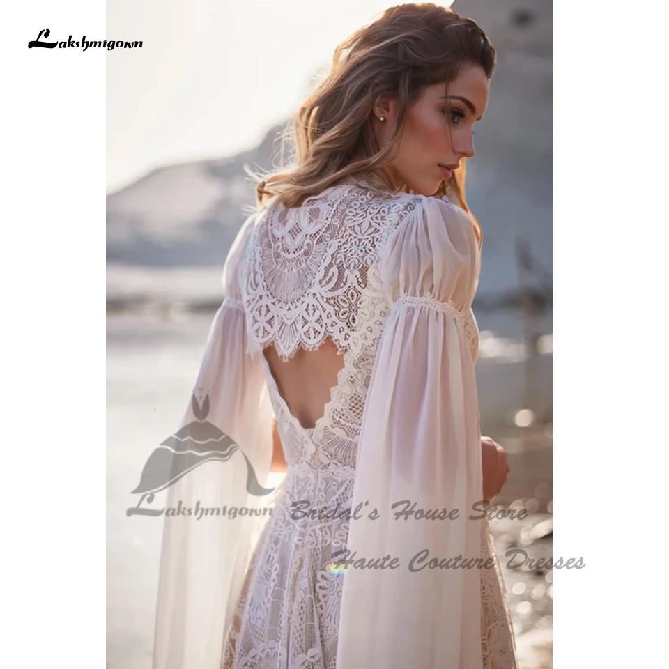 Lakshmigown Vintage Boho Strand-Hochzeitskleider mit abnehmbarem Spitzenumhang 2025 Vestidos Sexy Champagner Brautkleider Tief ausgeschnitten Maßanfertigung – Detail 4