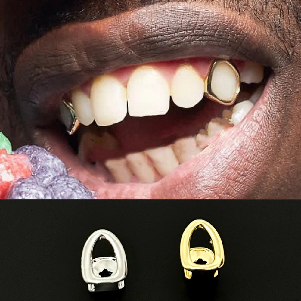 YOUNGX Y2K Simple Single Hollow Teeth Grillz Braces Hip Hop Glossy Tooth Caps For Women Men Jewelry Dental Grills