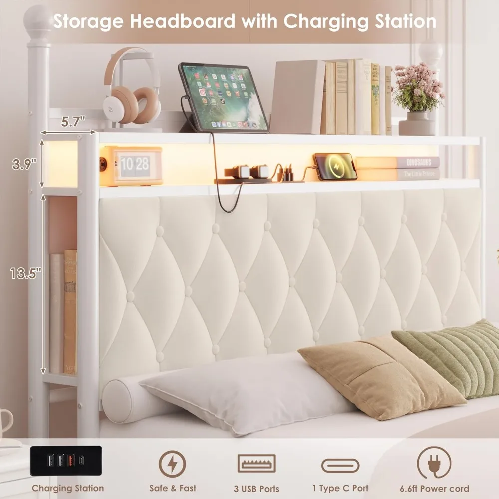 إطار سرير بمظلة LED منجد بحجم كوين مع محطة تخزين وشحن، لوح رأسي للتخزين معنقدة بأزرار مع كتب #4