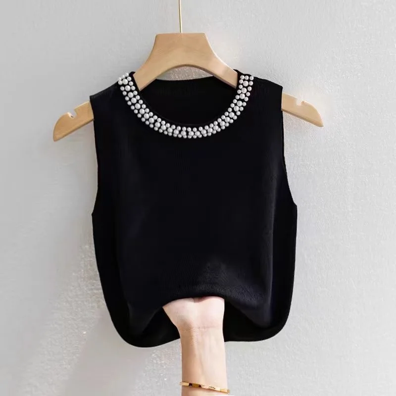 Women's Beading O-Neck Knit Tank Top Spring Summer Basic Solid Sleeveless Top Elegant Lady Black White Beige Pink Red Green Vest
