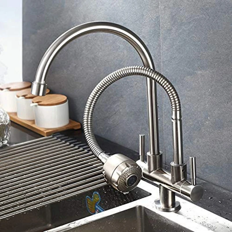 Rotatable Anti-Splash Kitchen Faucet 304 Stainless Steel Single Cold Water Universal Tube Double Pipe Outlet Faucet Sink