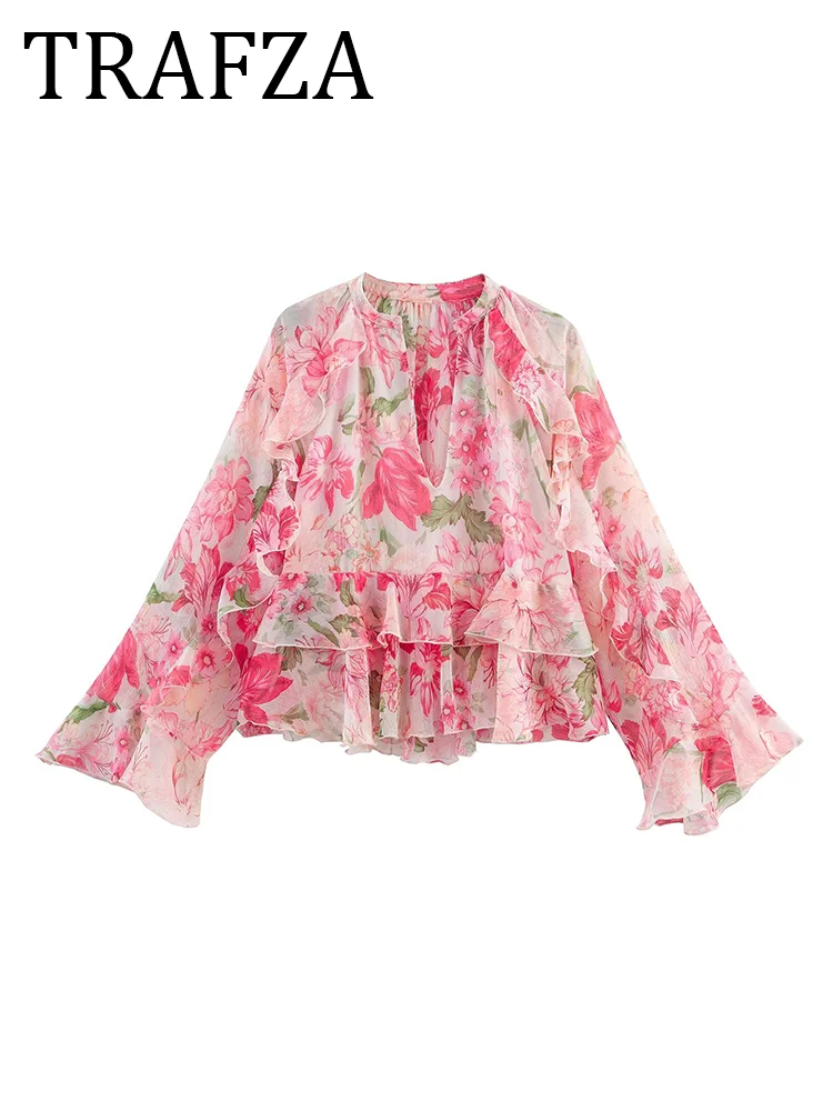 

TRAFZA Woman 2025 Printed Ruffle Shirt V-Neck Long Sleeve Semi-Sheer Shirt&Blouse Summer Elegant Top Women Fashion Holiday Shirt