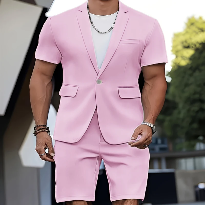 Two-piece Set Suit Men's Summer Casual Suit Short Sleeve Blazer Jacket 5 Inch Shorts Dress Beach Wedding Smart Casual Occasions