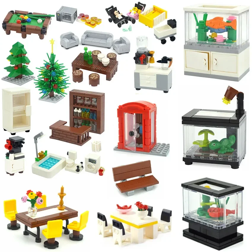 City Friend Furniture MOC Parts Tree Desk billiard Ball Sofa Wardrobe Bathroom Parts Building Block DIY House Scenes Accessories