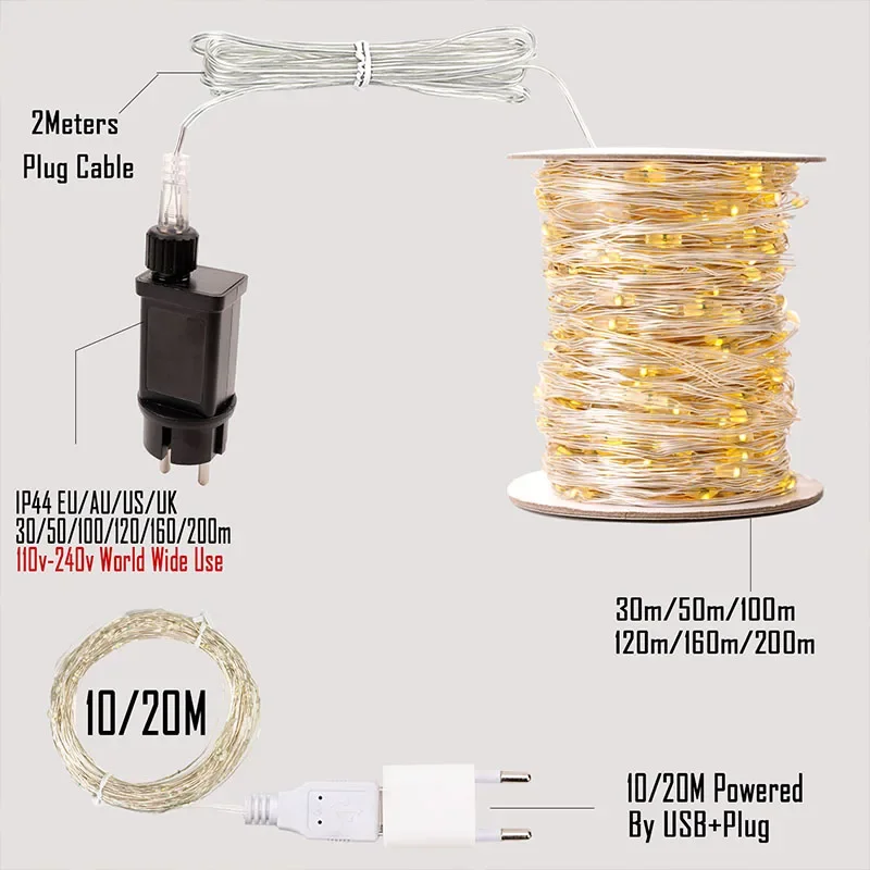 200Merter Fairy Light Christmas Tree Garland Silver Wire String Outdoor 9Lamp For Christmas Party Home Decoration