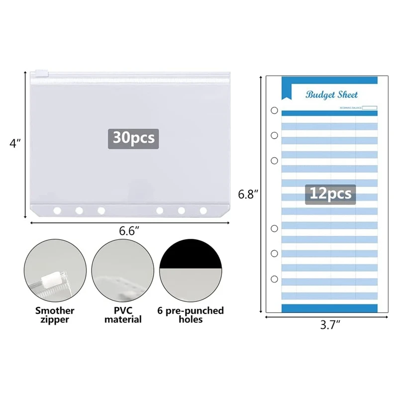 30 Stuks Bindmiddel Zakken Met 12 Stuks Onkosten Budget Vellen, 6 Gaten A6 Bindmiddel Rits Map Zakken Voor 6-Ring notebook Bindmiddel