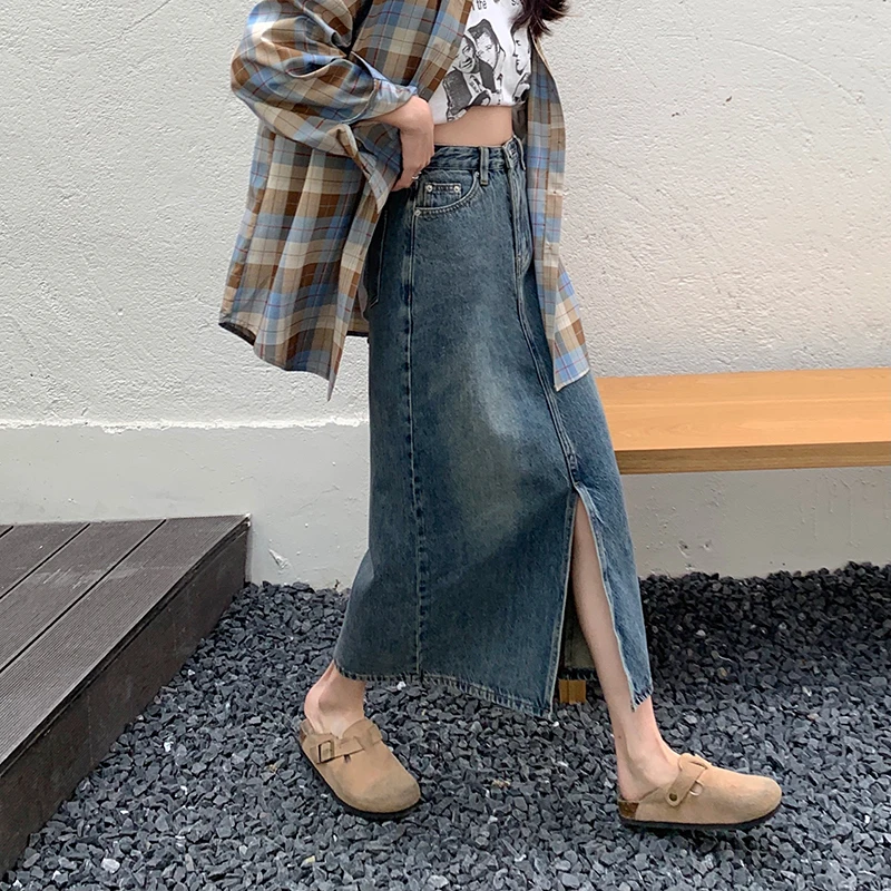 

S-XL Long Denim Skirts 2023 korean style Vintage Split High Waist A Line Midi Skirts Women Long Jeans Skirts Style (L2938