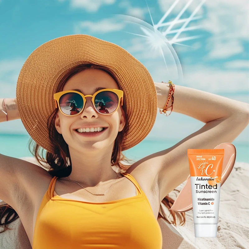 فيتامين ج ملون واقي شمسي مع SPF 40 ، ترطيب شمسي معدني ، أكسيد الزنك ، ثاني أكسيد التيتانيوم للحماية من أشعة فوق البنفسجية ، صحي