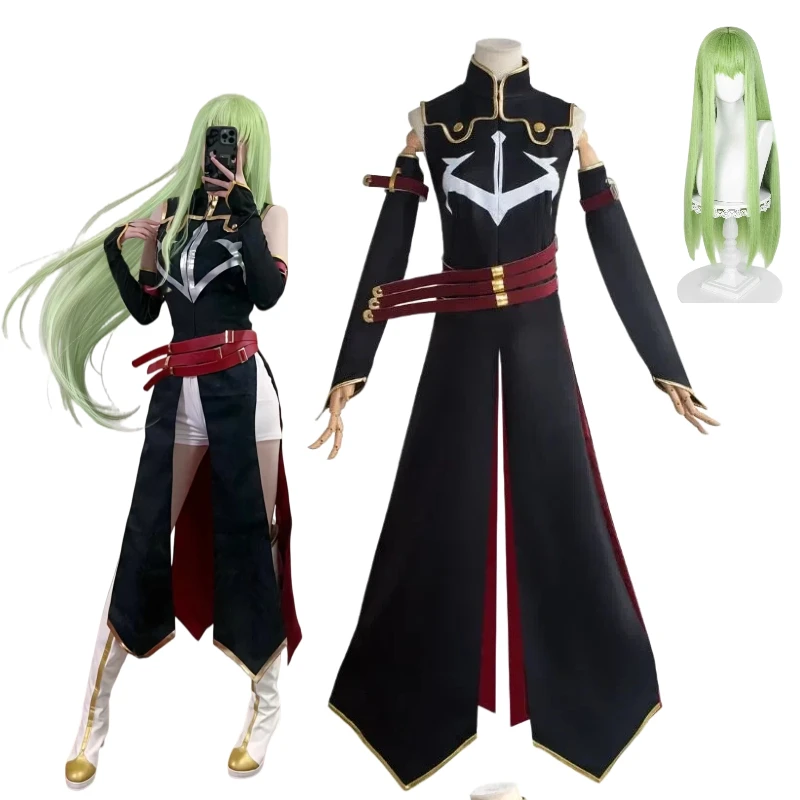 

Anime CC Cosplay Costume The Black Knights Cos Cool Long Dress with Belt Sleeves Wig Full Set Role Play Outfit for Women