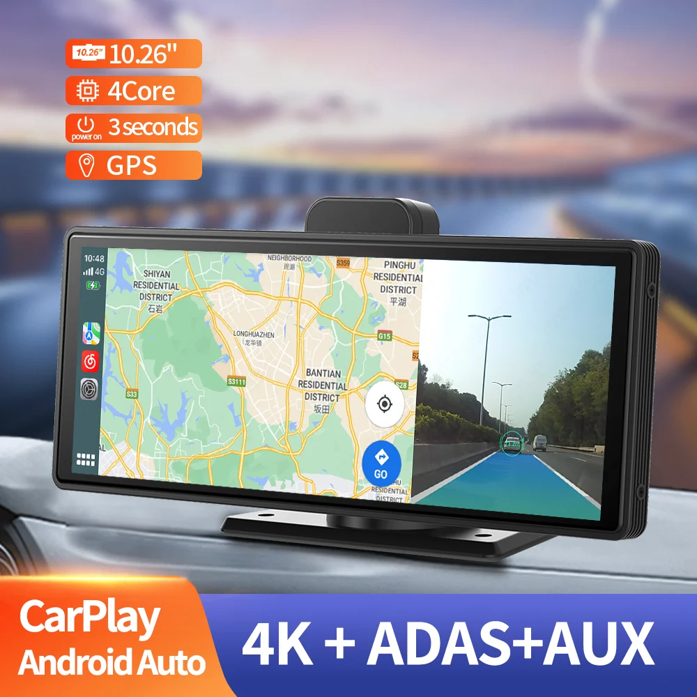 YunPanCar Dash Cam Carplay sem fio, Android Auto, Espelho Retrovisor, Gravador de Vídeo da Câmera, WiFi, Carro DVR Fm Aux GPS, 4K Adas, 10.26"