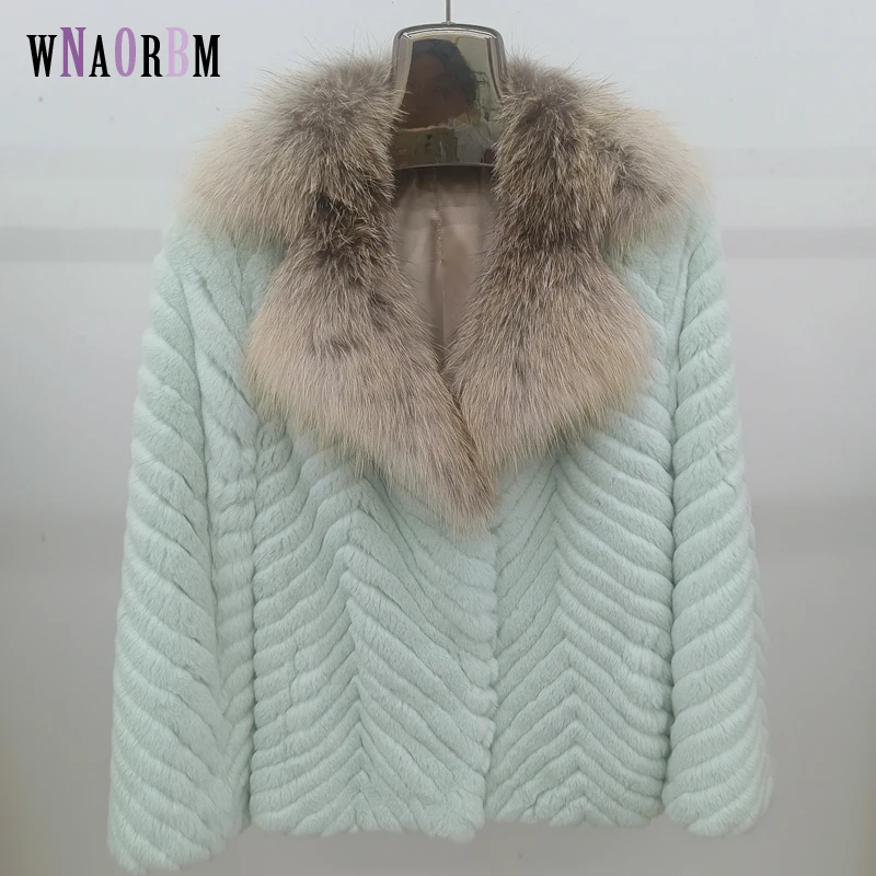 Women's Fashion 100% Natural Rex Rabbit Fur Jacket Fox fur collar highest quality solid color winter warmth fluffy casual coat