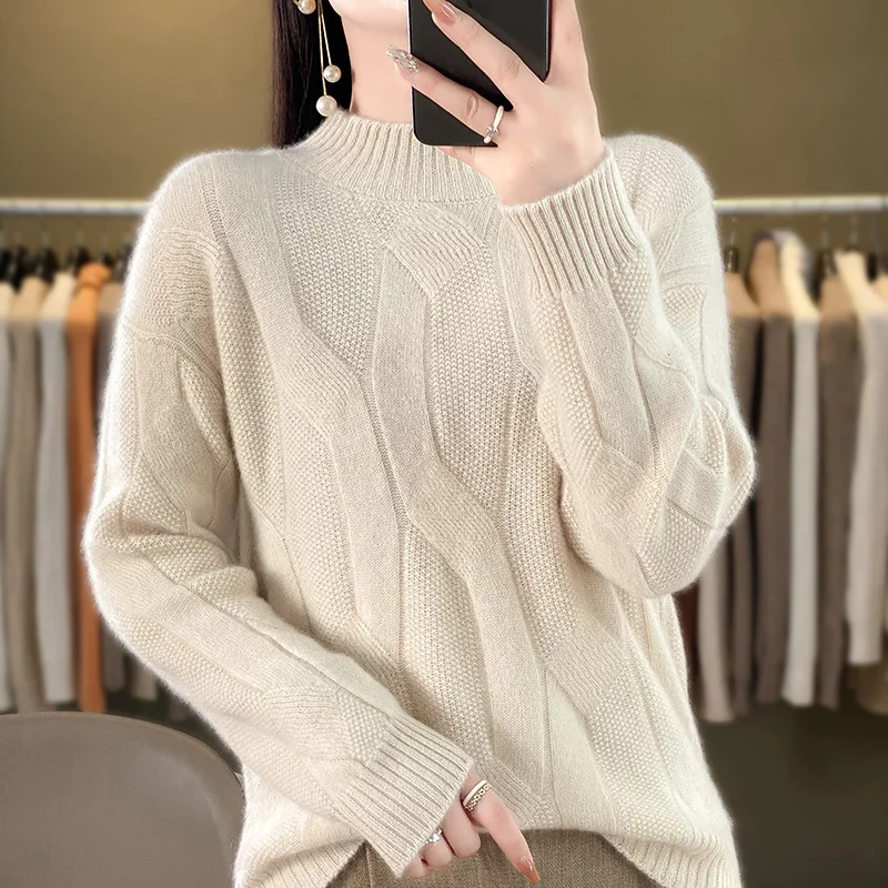 Women\'s Soft Wool Sweater Half-high Collar Twisted Thickened Pullover Autumn Winter Casual Basis Top Cashmere Female Knitwear