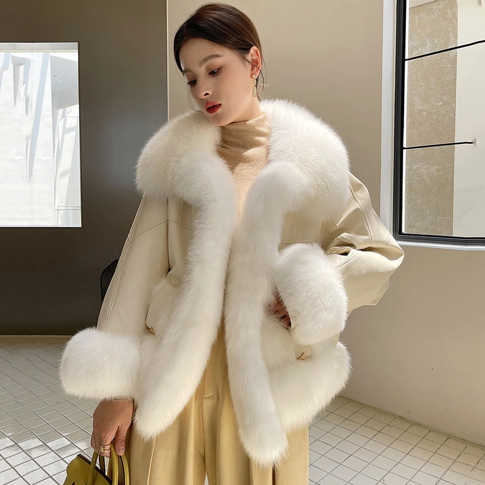 

Coat Fur Women Real Autumn Winter Fashion Thick Warm Fox Fur Collar Patchwork Sheepskin Double-faced Fur Jacket Loose Outerwear