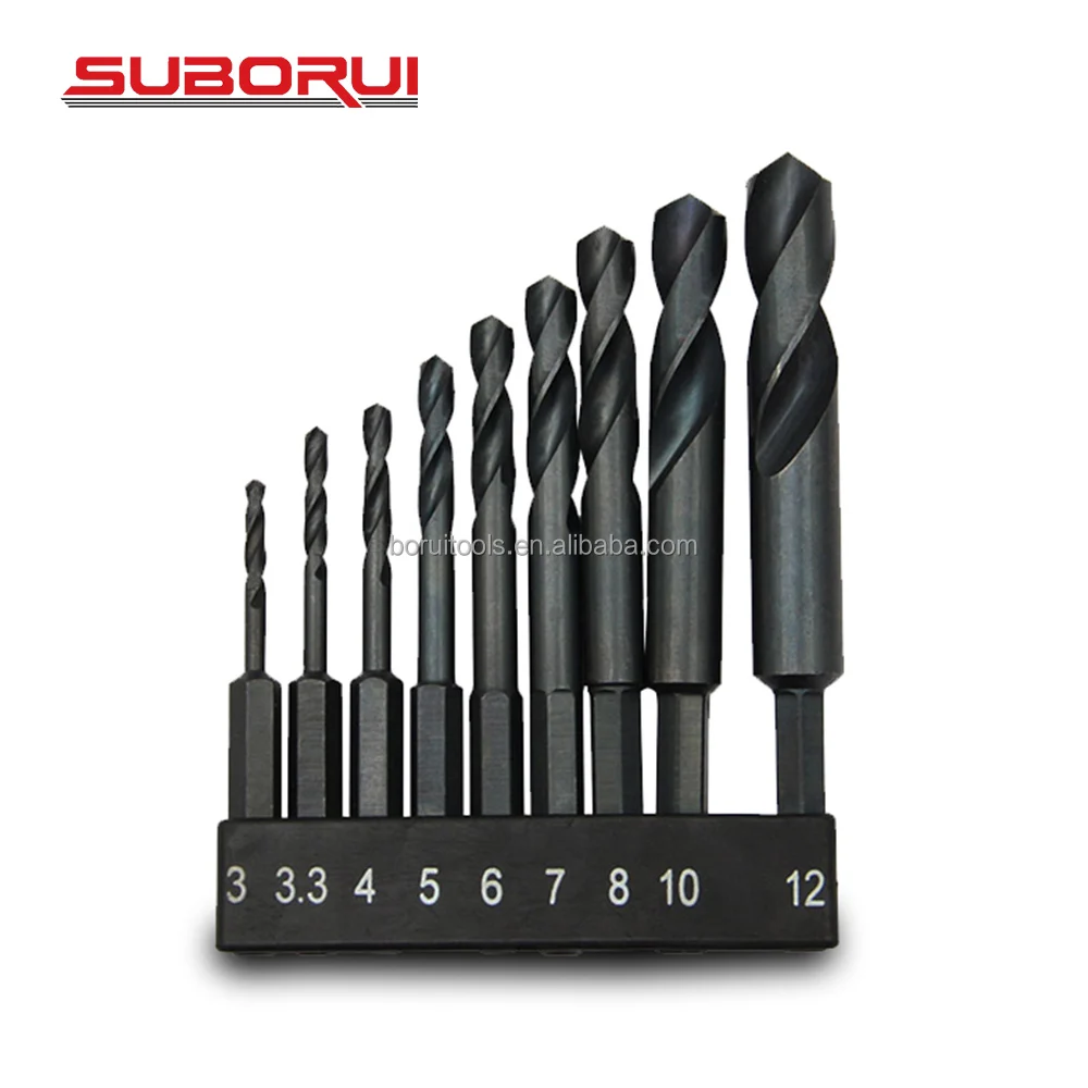 SUBORUI Customized 1/4 Inch Short Length Impact Black Coating  Hex Shank Hss Twist Drill Bit Set for Metal Drilling