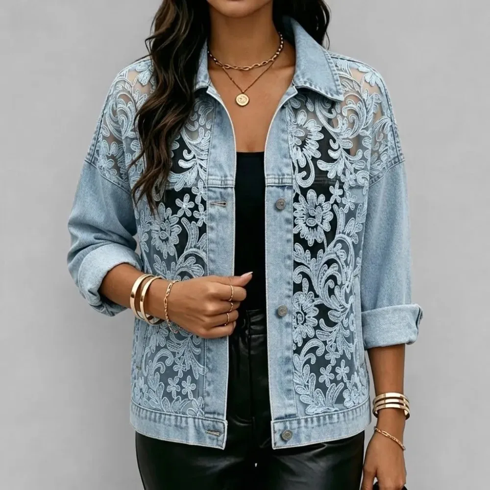 Women Lace Spliced Denim Jacket Loose Casual Lapel Collar Long Sleeve Single Breasted Short Coat Fashion Streetwear Outerwear