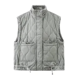 Gilet rembourré en coton gris pour femme, veste chaude, col montant, streetwear en fibre, automne, hiver, nouveau