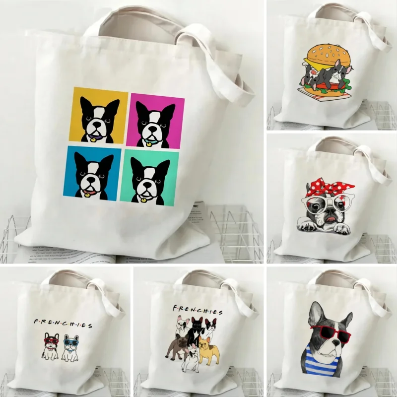 French Bulldog Funny Cartoon Shoulder Bags Fashion Tote Handbags Canvas Girl Environmental Large Capacity Portable Shopping Bag