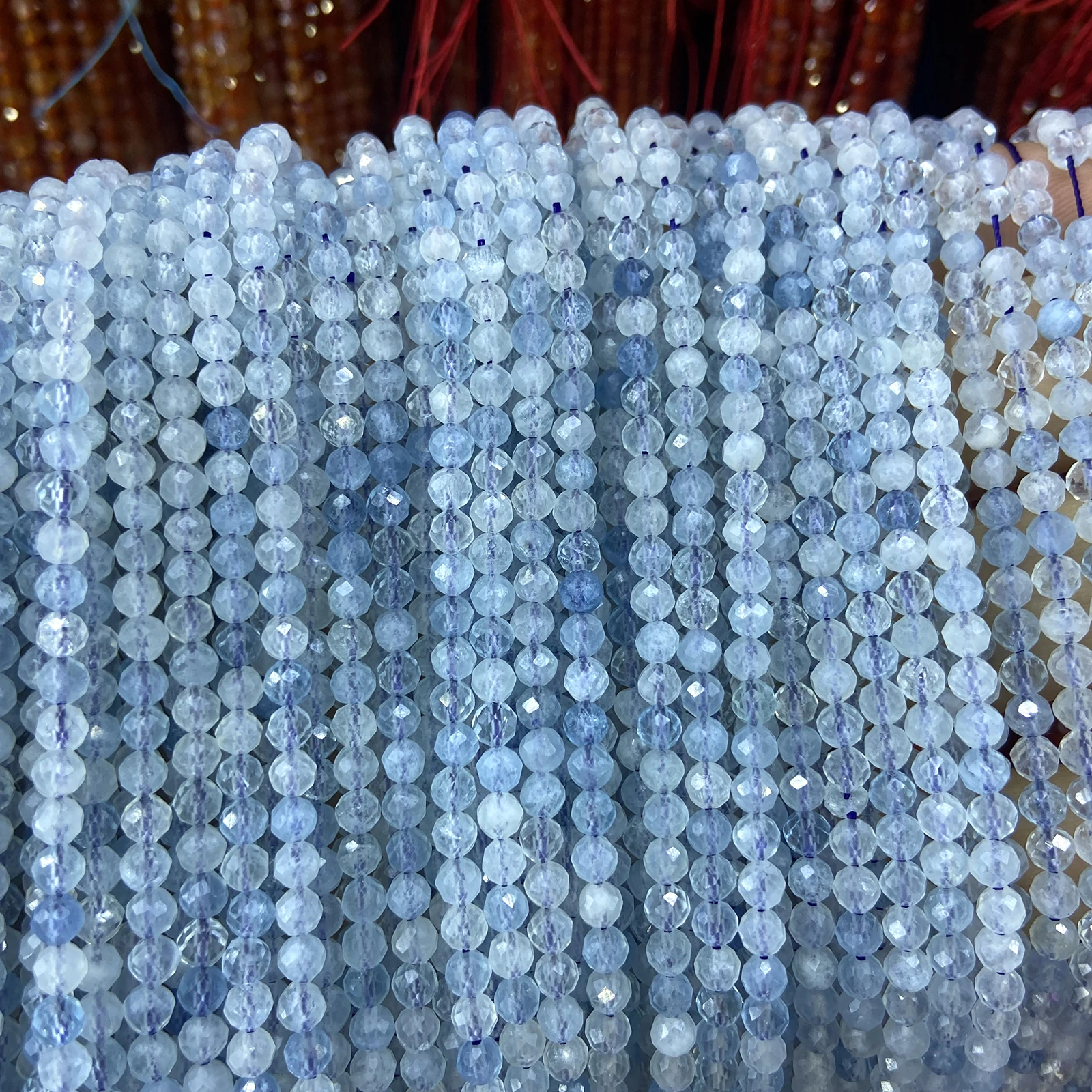 Natural Aquamarine Faceted Gemstone Round Stone Loose Beads With Cut Surfaces for Jewelry Making DIY Bracelets Necklace Strand