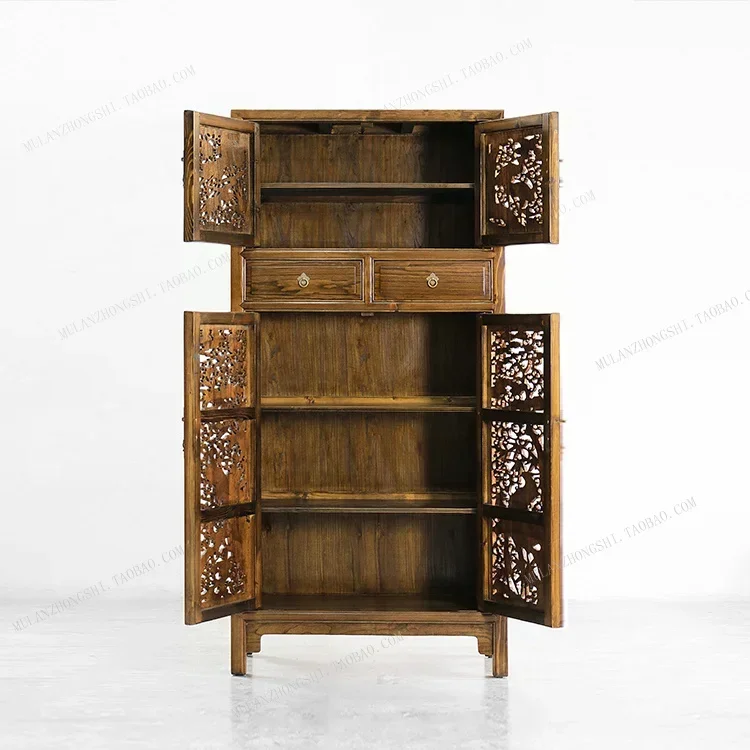 Solid wood bookcase Ming and Qing classical Zhangmu door carved hollow cabinet antique wardrobe bedroom closet