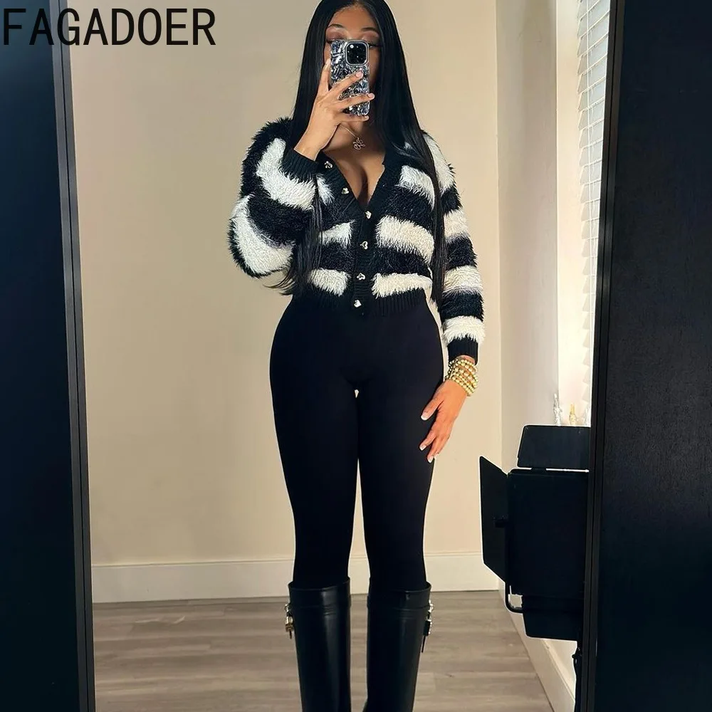 FAGADOER Black White Stripe Printing Casual Knitting Tops Women V Neck Button Long Sleeve Cardigan Spring New Slim Streetwear