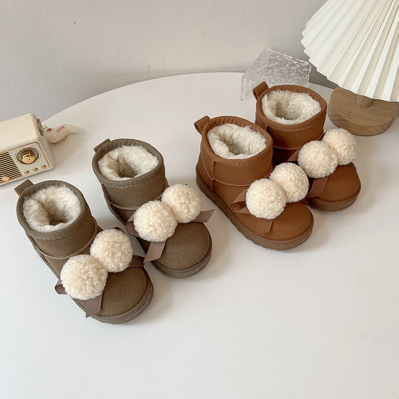 Little Girls Thick Fluffy Lining Leather Boots with Cute Plush Ball 2025 New Winter Kids Warm Snow Boots Non-slip Simple Boots