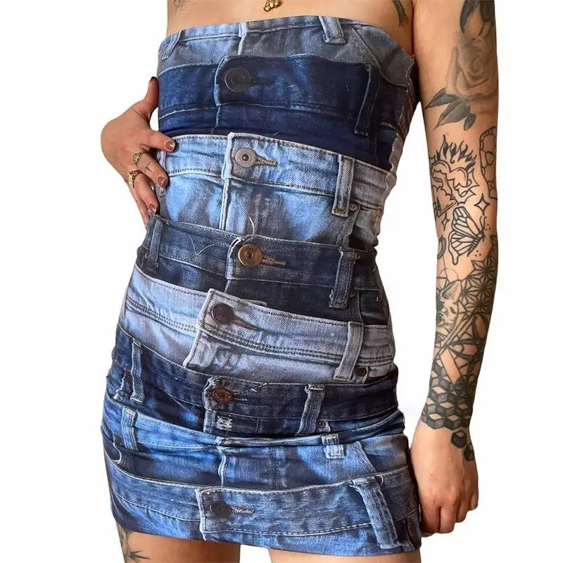 Mulheres Euro-Americanas Denim Jeans Estampado Mini Vestido de Tubo, Roupas Vintage Sexy, Costas Finas, Roupas da Moda Clube