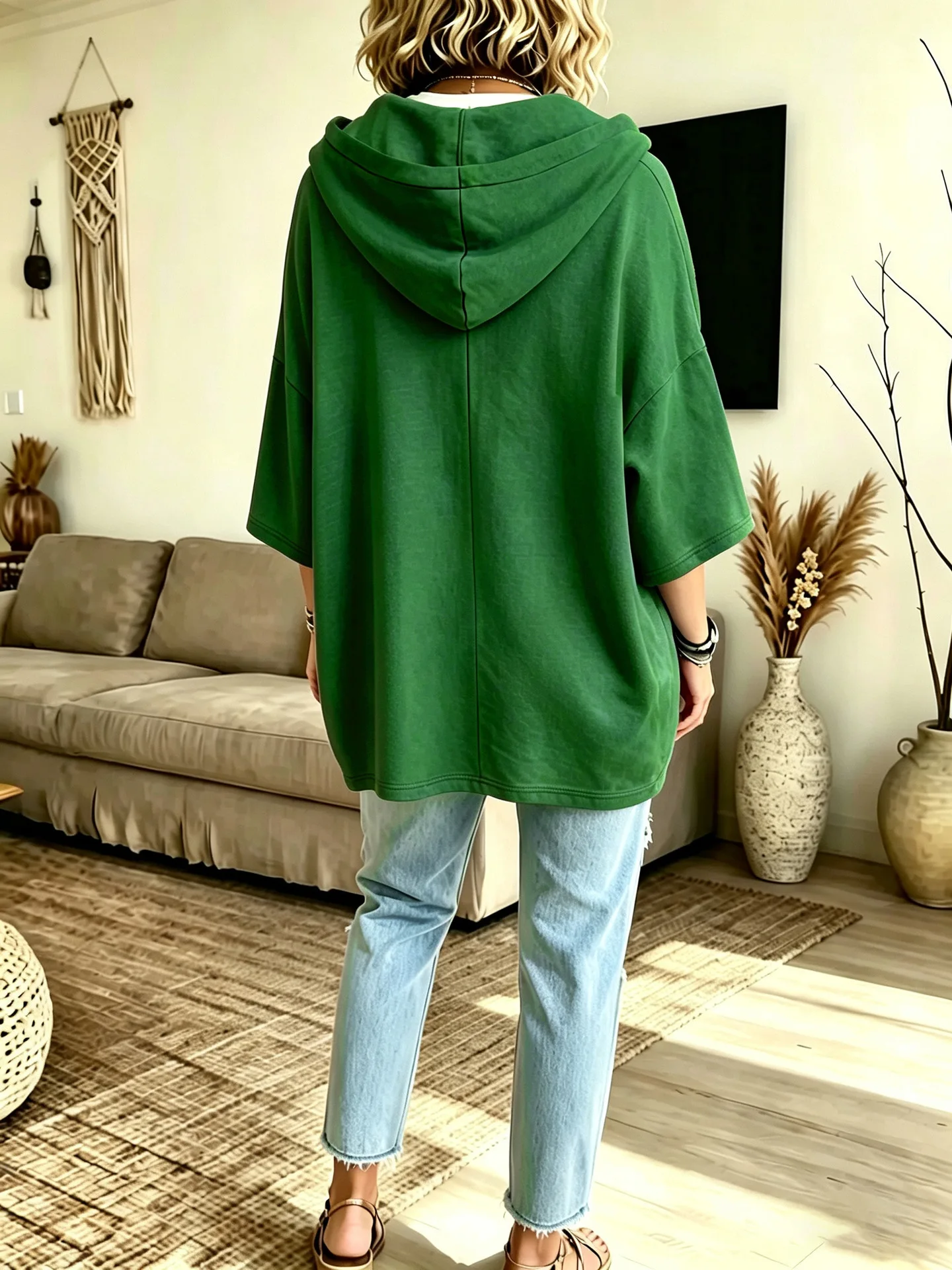 Einfarbiger Damen-Hoodie mit 3/4-Ärmeln, Lässiger Lockerer Pullover für Herbst und Winter – Detail 25