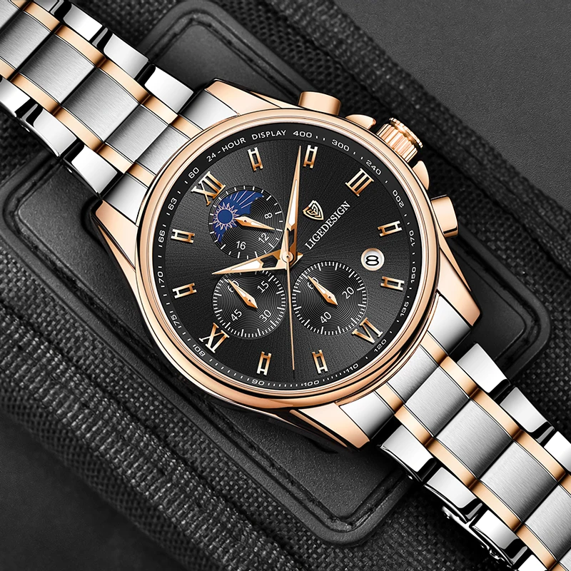 LIGE Fashion Luxury Men Watches Stainless Steel Business Quartz Man Wristwatch Casual Sport Chronograph Waterproof Watch For Men