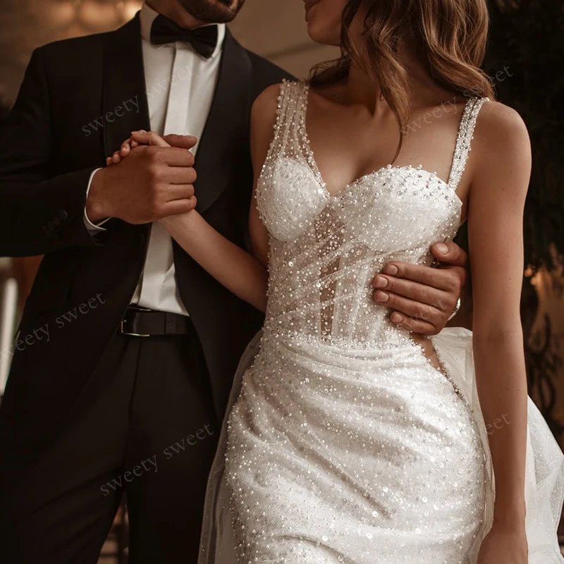 Luxurious Detachable Train Wedding Dress Fully Beaded Slit A Mermaid Ball Gown Sleeveless Square Collar Customized Bride Lace Up