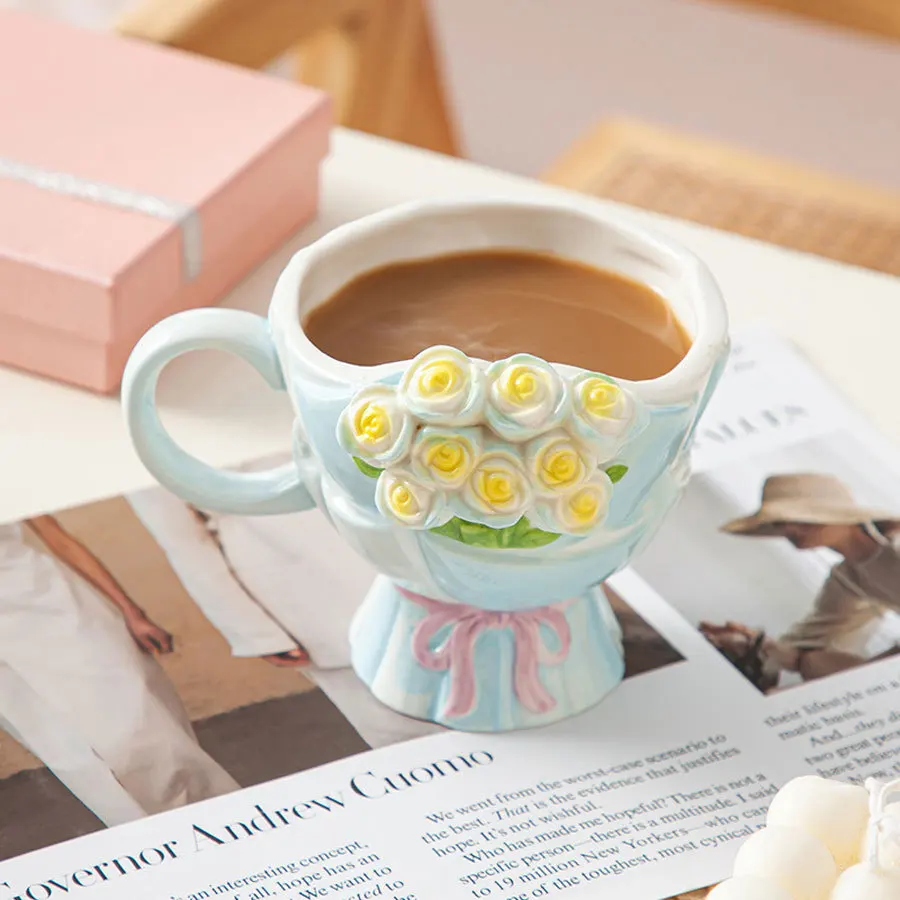 

Creative Hand Painted 3D Rose Ceramic Mug High Foot Dessert Cup for Milk Coffee Breakfast