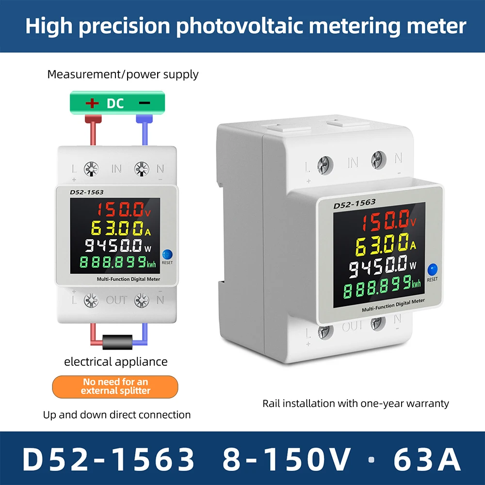 D52-3065/D52-1563 DC Power Meter 4-in-1 Din-Rail Multi‑Function Single-Phase 63A LCD Voltage Current Energy Consumption Monitor