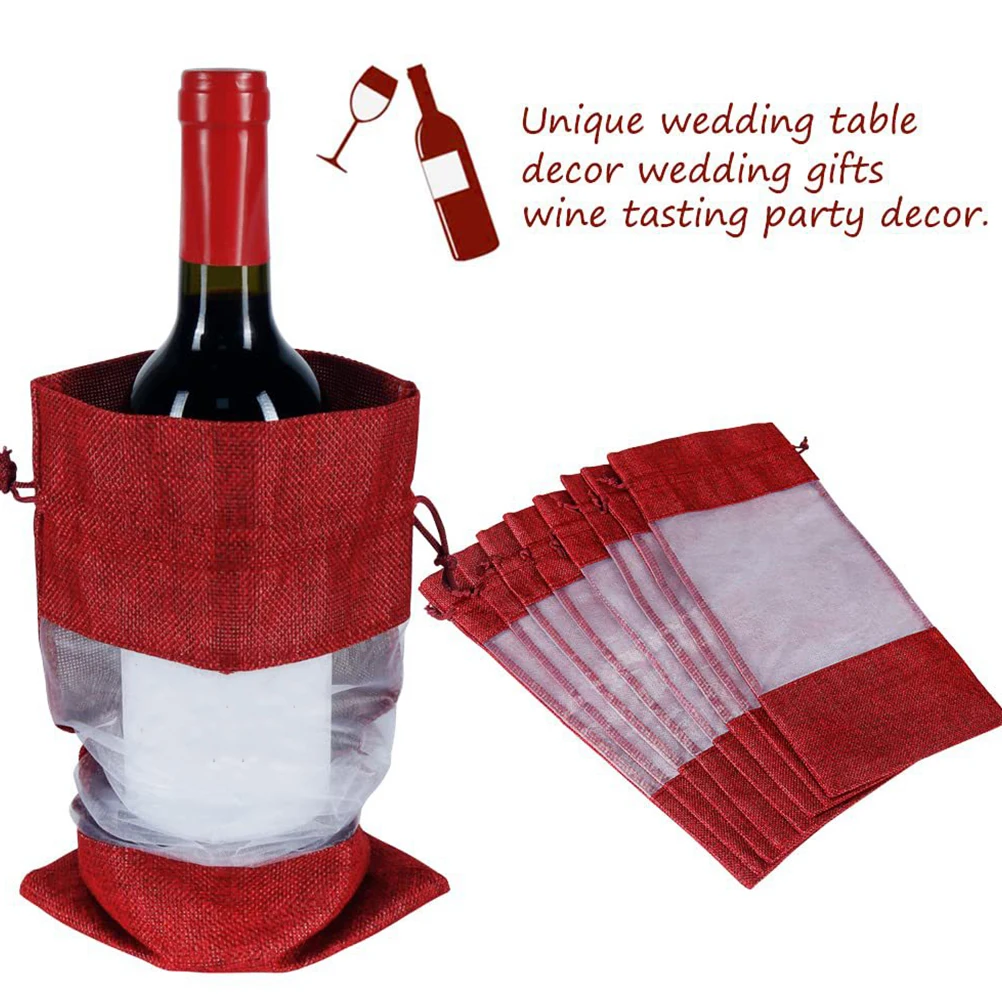 

Exquisite Burlap Bottle Bags With Window Drawstring Gift Holders Reusable Decorative Packaging For