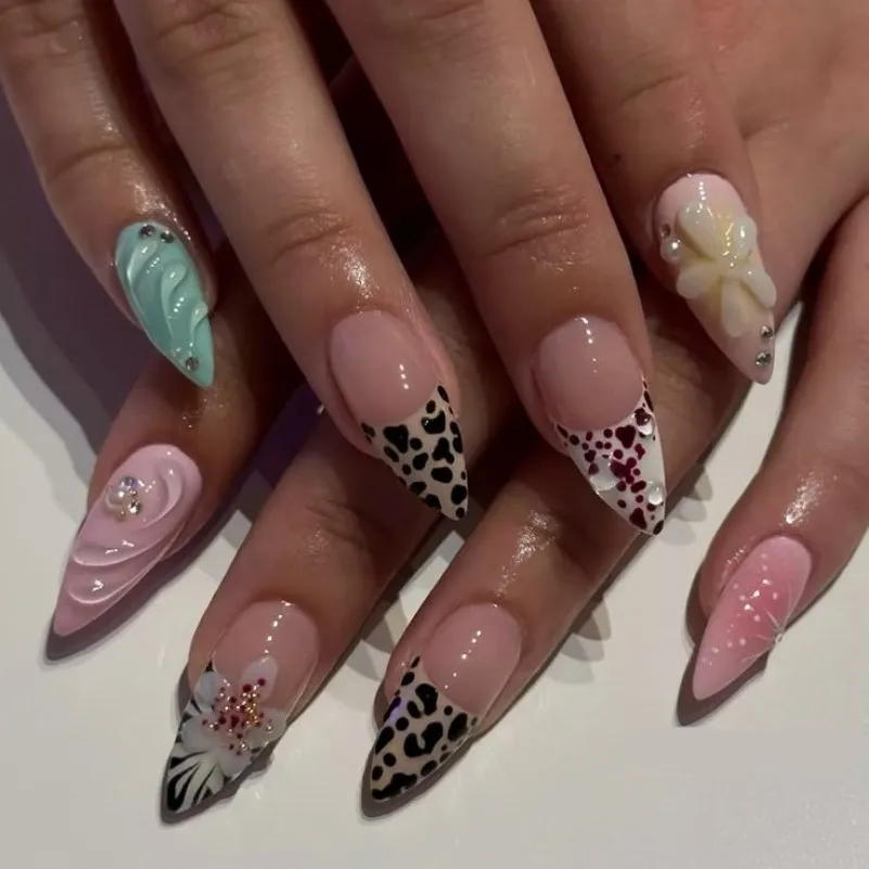 

3D цветы ручной работы накладные ногти с леопардовым принтом французские кончики пресс на ногтях зеленый розовый градиент Y2k ногти носимые миндалевидные накладные ногти