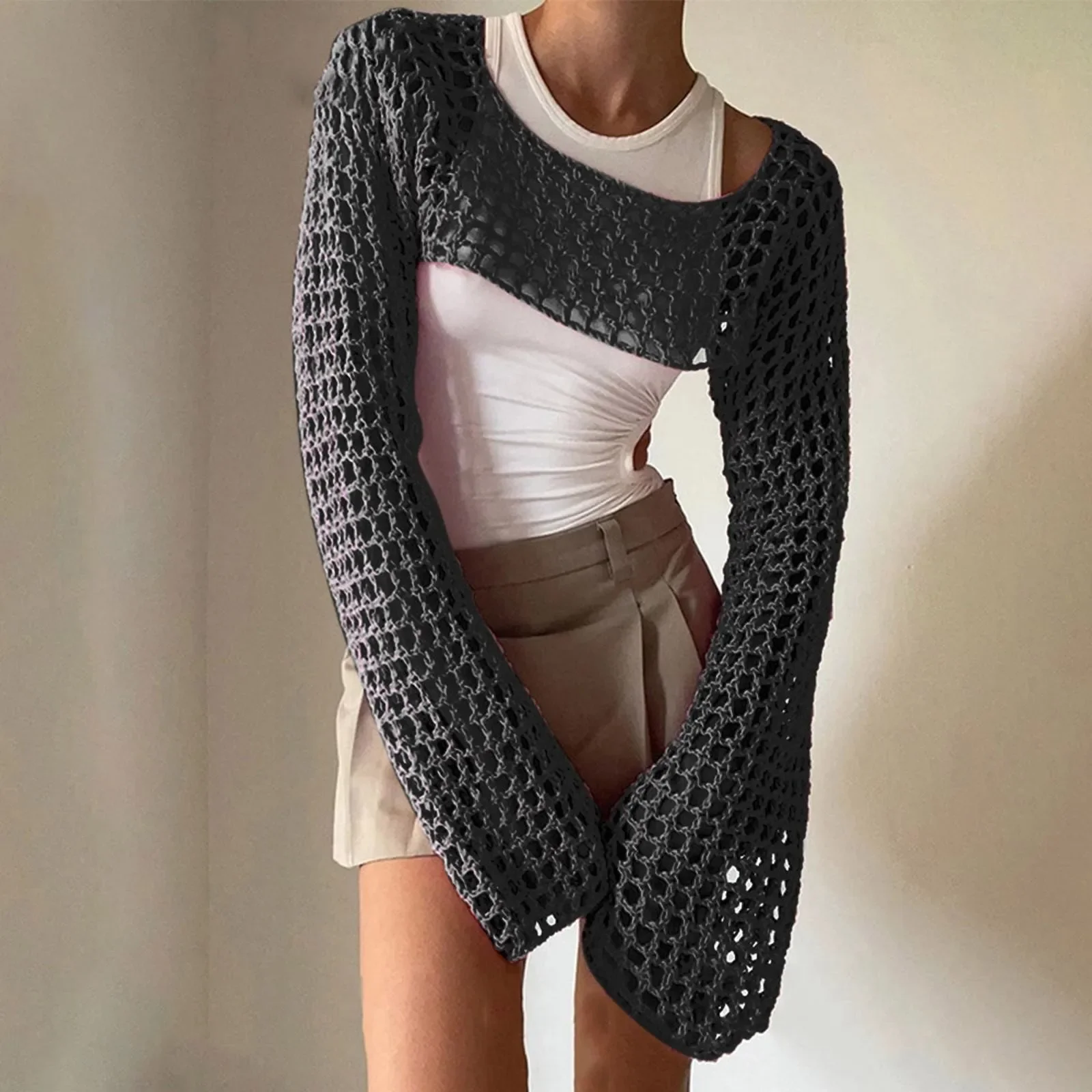 One Piece Long Sleeved Summer Swimsuit Solid Color Knitted Crochet hollow Crew Neck vacation swimwears Casual vacation Bikini