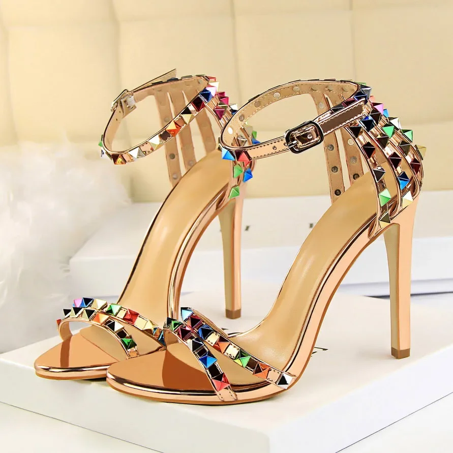 Comemore High Heels Rivets Sandals Lady Stiletto Gladiator Pumps Stripper Summer Platform Shoes 2023 Luxury Fashion Women 11cm