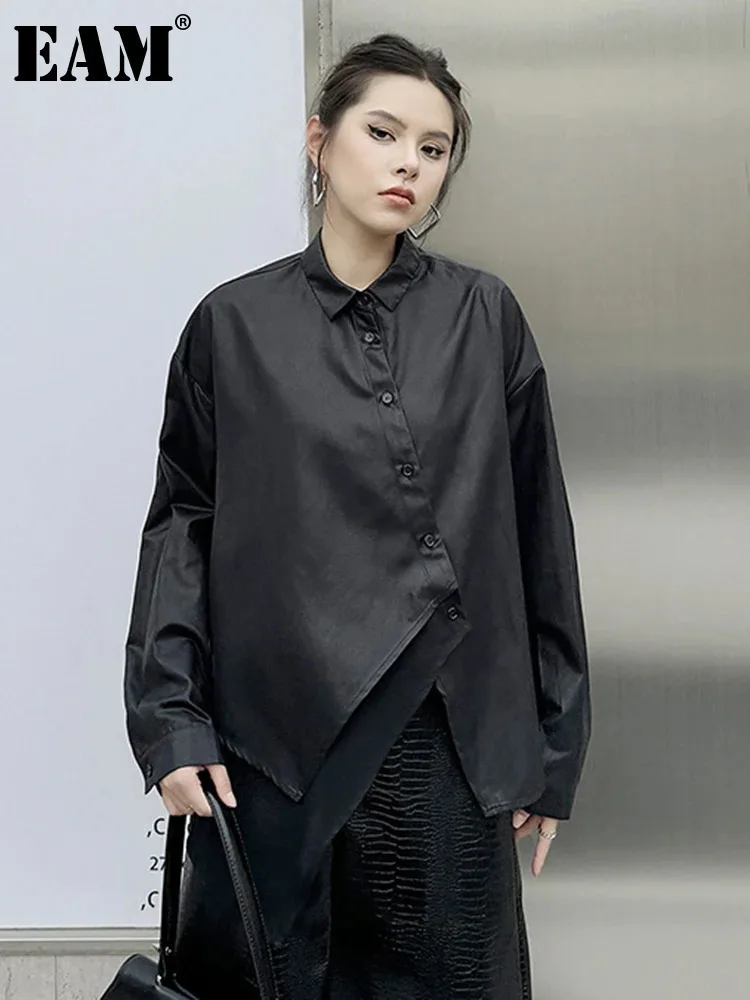 

[EAM] Women Black Irregular Hem Big Size Casual Blouse New Lapel Long Sleeve Shirt Fashion Tide Spring Autumn 2024 1DH7151