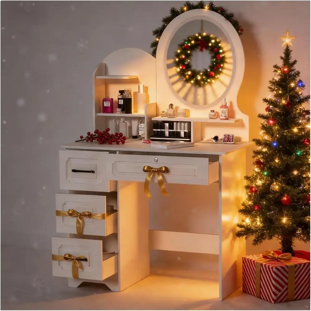 

Small Vanity Desk with Lights and Round Mirror, Girls Makeup Vanity Dring Table with Storage Ders & Open Shelves, Wooden Dring T