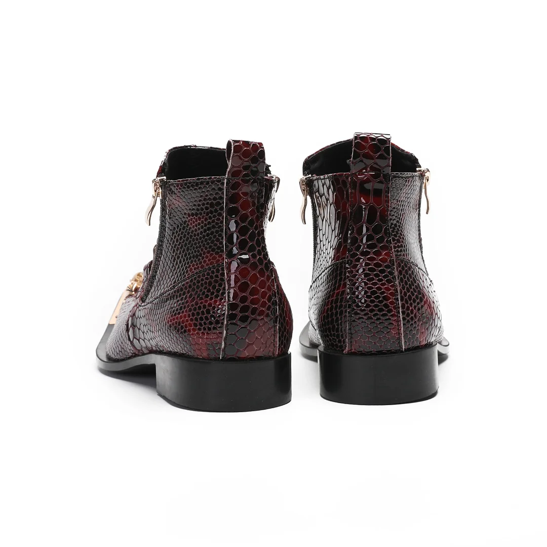 fashion metal pointed toe real leather ankle boots for men zipper motorcycle short boots male club party dress shoes plus size - view 6