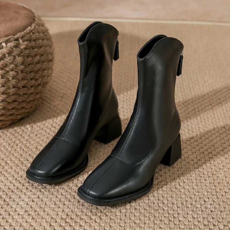 

Женские ботильоны на квадратном каблуке с круглым носком, туфли на массивном блочном каблуке, белые, черные, облегающие модные осенние женские ботинки YF004
