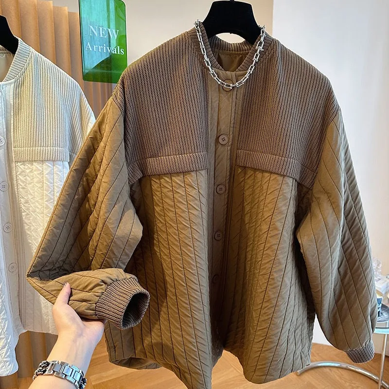 Autumn Winter New Cotton Clothes Women Fashion Single Breasted Loose Knitted Spliced Striped Cotton Coat Women Parkas