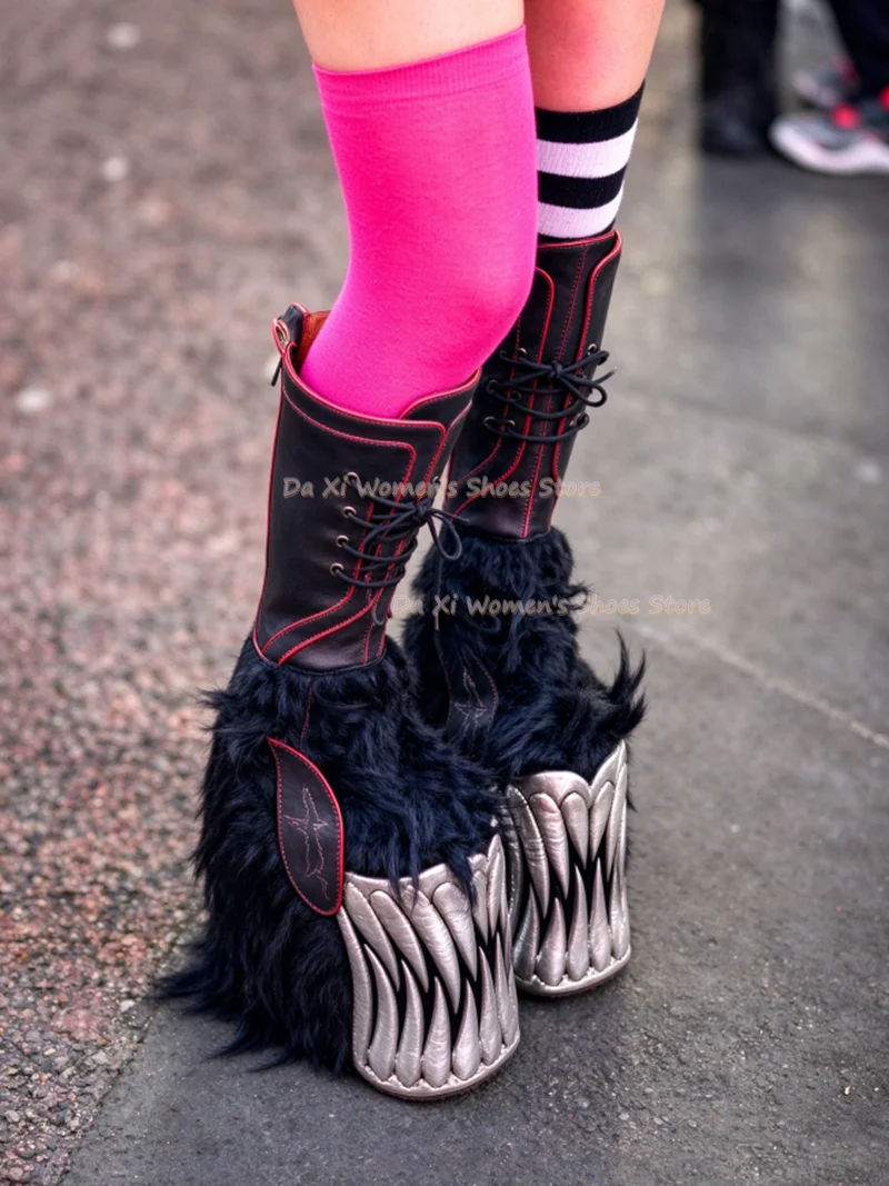 Extra-thick platform sole animal Tooth shaping Thick sole Above the knee Women's boots black Faux fur decorate Punk Guy Gothic s