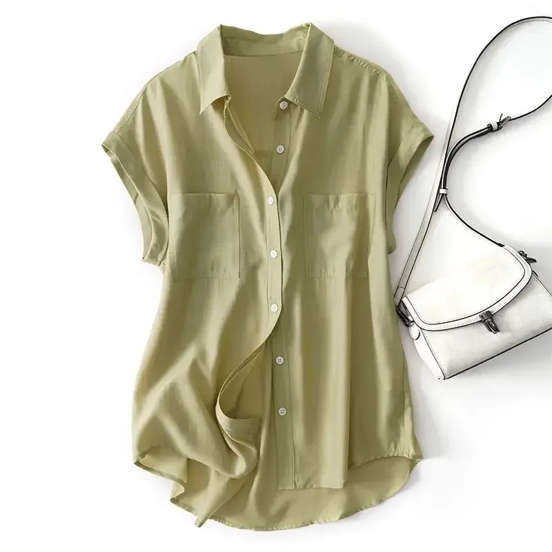 

Green Solid Casual Polo-Neck Single Breasted Short Sleeve Women's Blouse Shirt Casual Female Clothing Tops Fashion 2025 Summer