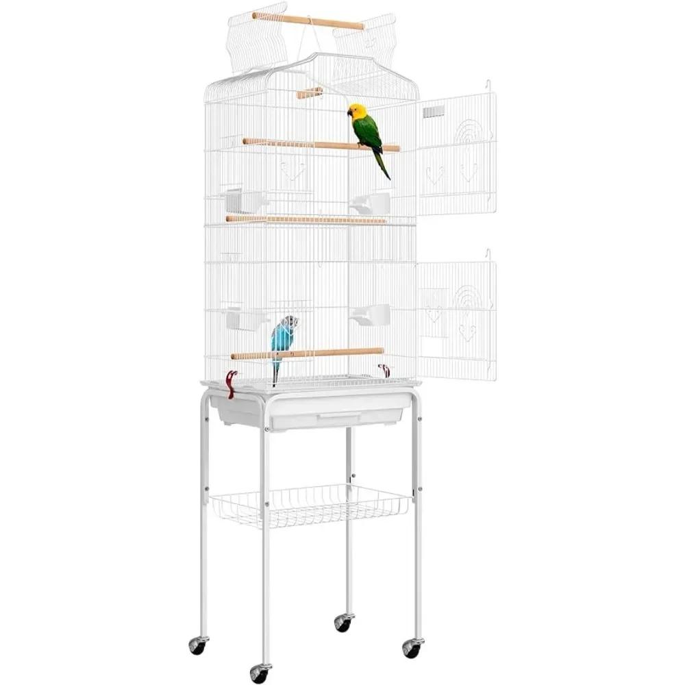 

59.8 Inch Wrought Iron Bird Cage with Play Top and Rolling Stand for Parrots Conures Lovebird Cockatiel Parakeets White