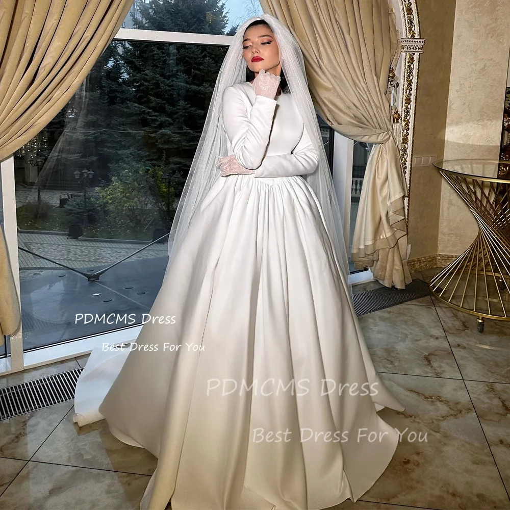 

Vintage Modest Satin Muslim A Line Wedding Dresses O-Neck Bride Dress Long Sleeves Sexy Classic Country Bridal Gowns Plus Size