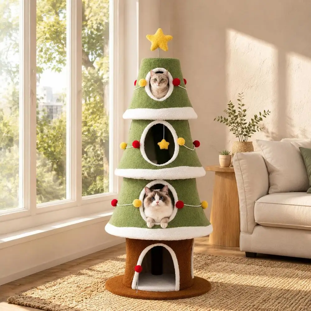 Arbre de Noël pour chat de 154 cm, tour à plusieurs niveaux avec griffoir en sisal et 4 trous confortables, grand meuble pour chat d'intérieur, centre d'activités robuste pour animaux de compagnie, idéal pour le salon ou la chambre.